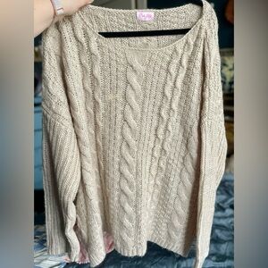 Pink Lily Cream Off-the-Shoulder Sweater with Chunky Knit